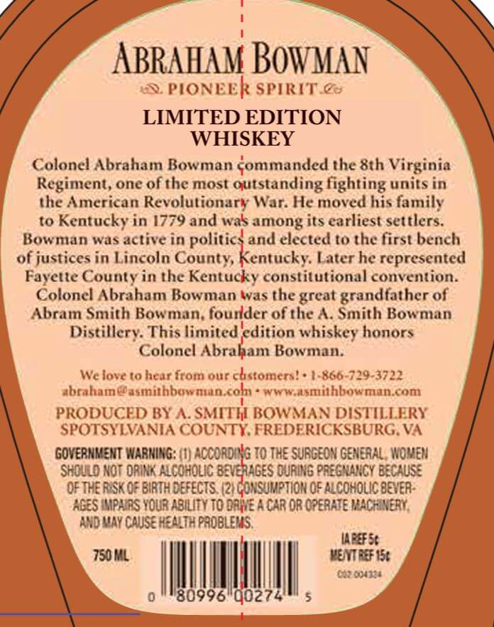 Abraham Bowman Pioneer Spirit Limited Edition Rye Whiskey Batch 27  A. Smith Bowman Distillery   