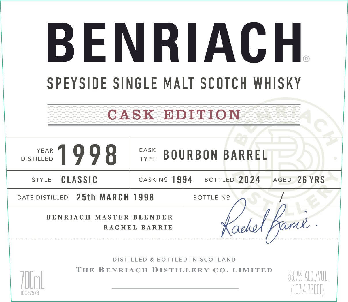 Benriach Cask Edition 1998 Cask No. 1994 Scotch BenRiach   