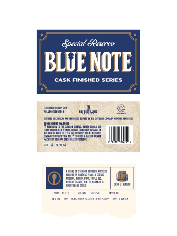 Blue Note Special Reserve Cask Finished Bourbon Cask Strength Bourbon Whiskey B.R. Distilling Company   