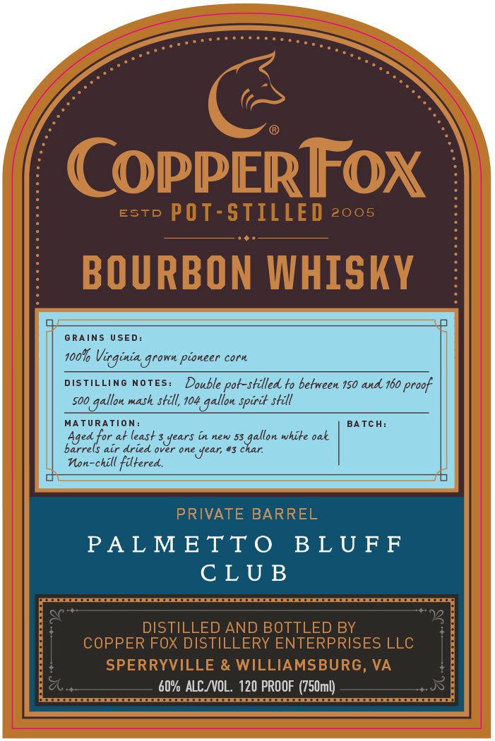 Copper Fox Bourbon Whisky – Private Barrel Palmetto Bluff Club Bourbon Whiskey Copper Fox Distillery