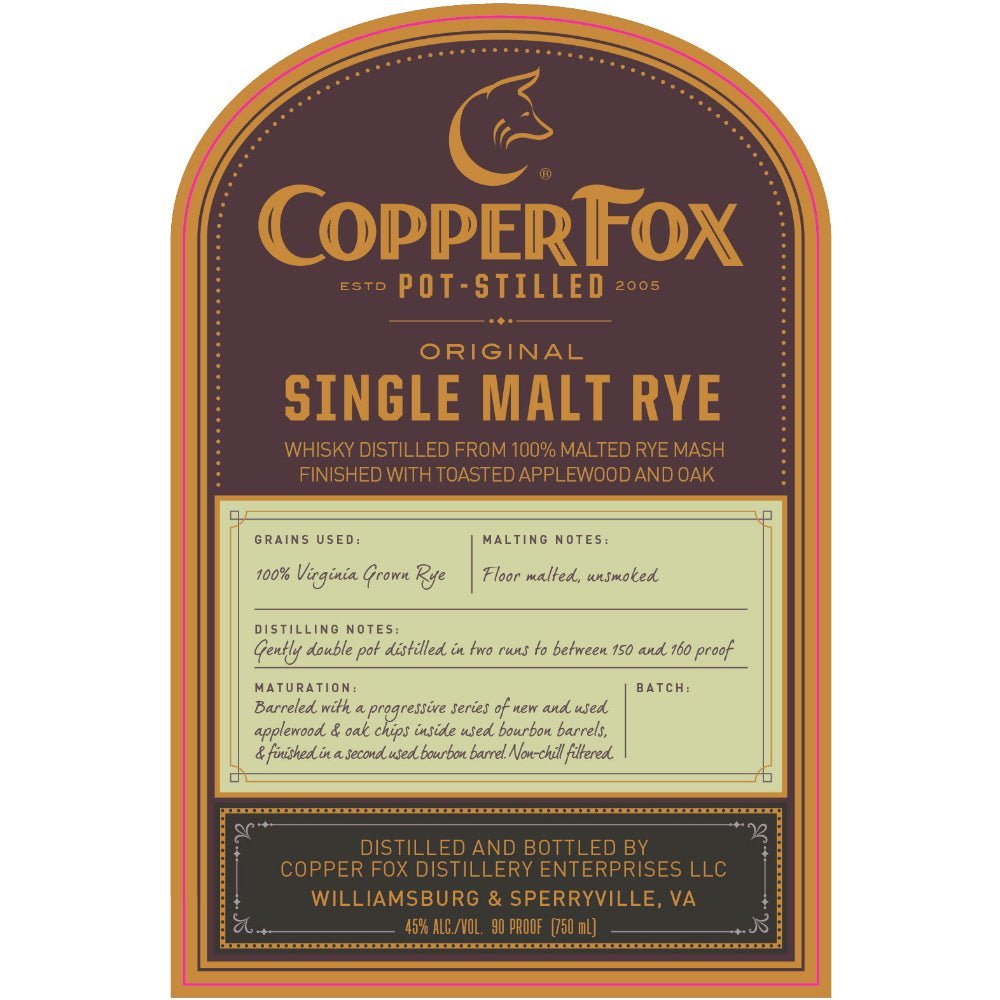 Copper Fox Original Single Malt Rye Whiskey Single Malt Whiskey Copper Fox Distillery   