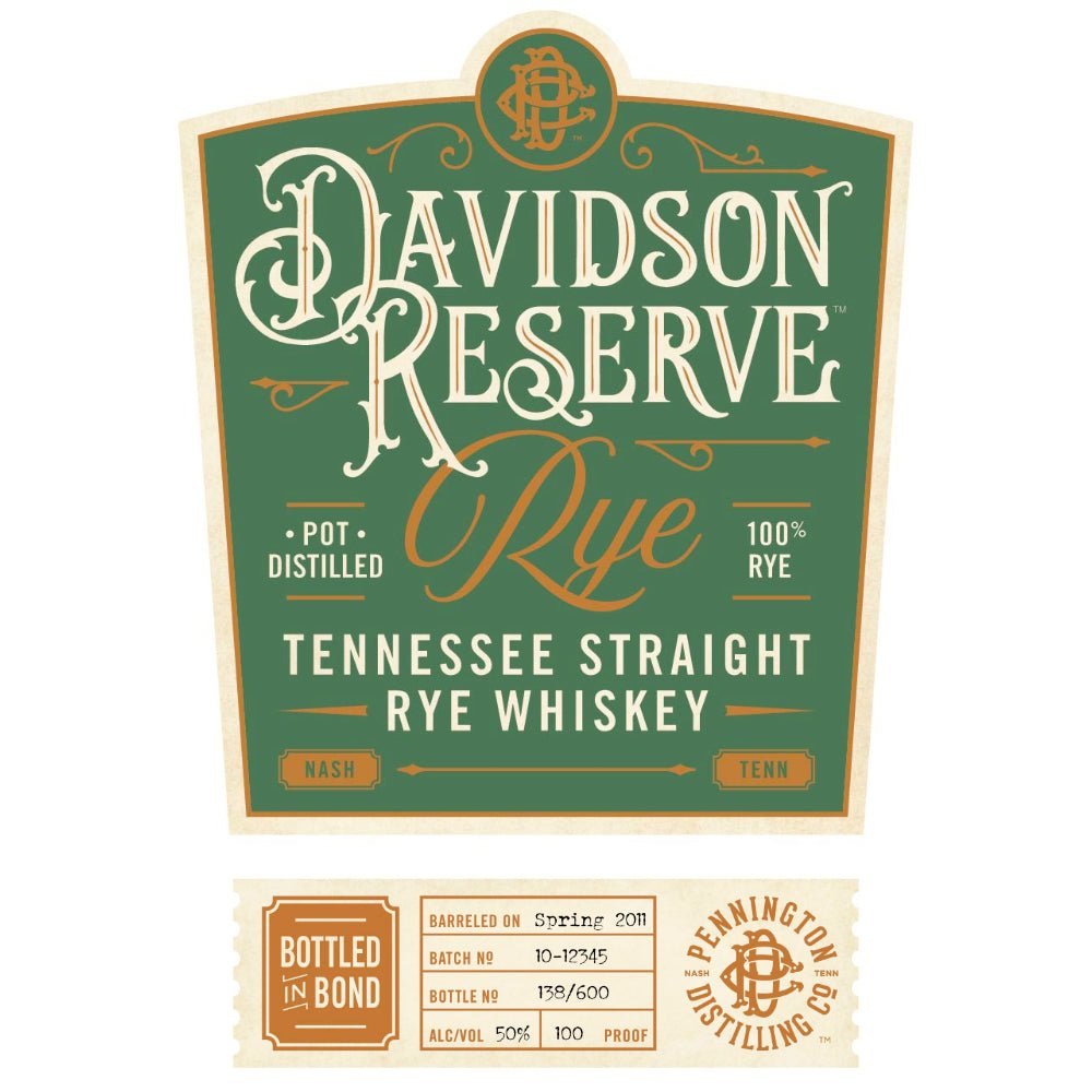 Davidson Reserve 6 Year Old Bottled in Bond Rye Rye Whiskey Pennington Distilling   