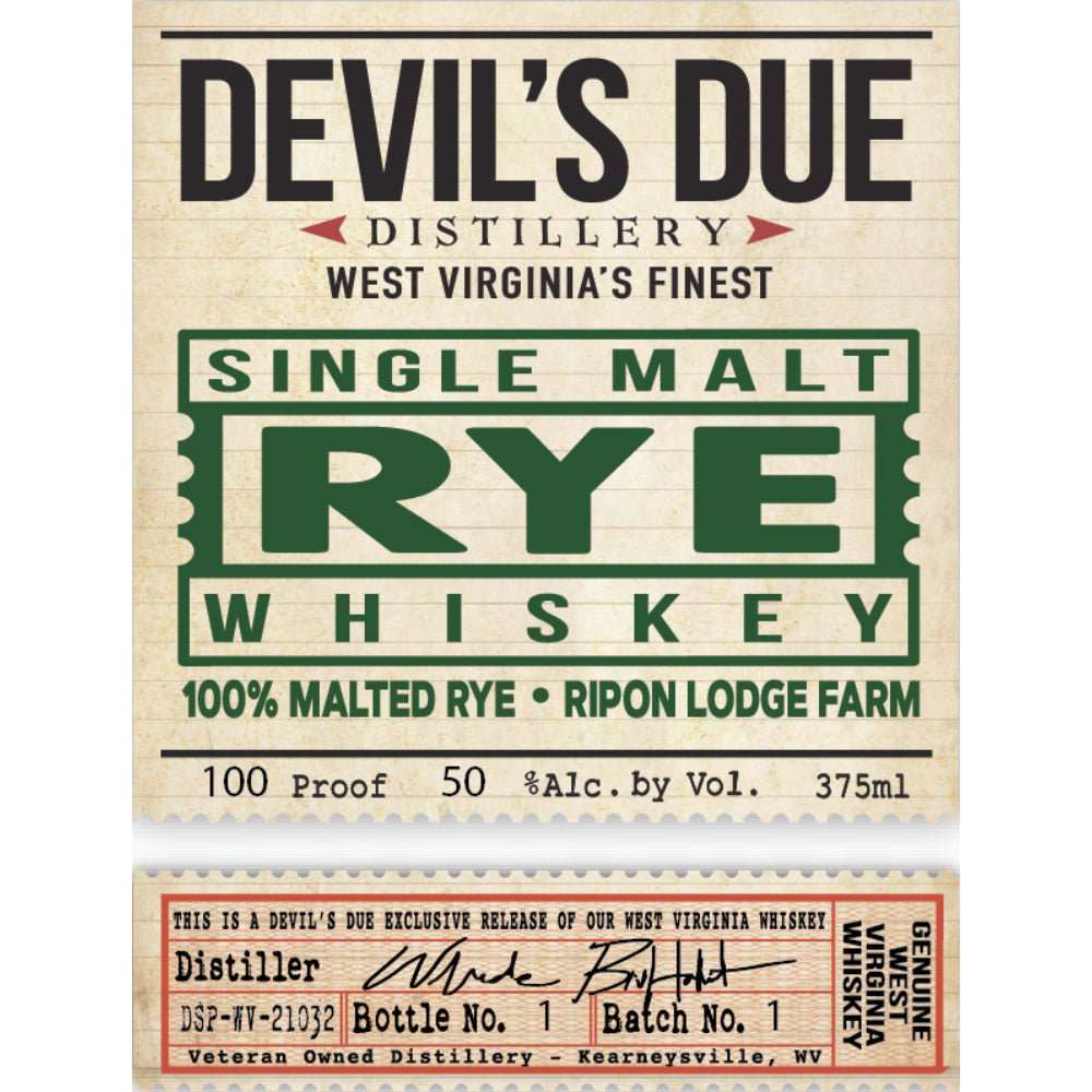 Devil’s Due Single Malt Rye Whiskey Single Malt Whiskey Devil's Due Distillery   