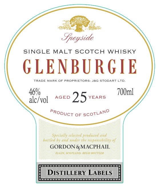 Glenburgie 25 Year Old Single Malt Scotch Whisky Gordon & MacPhail Distillery Labels Single Malt Scotch Whisky Glenburgie