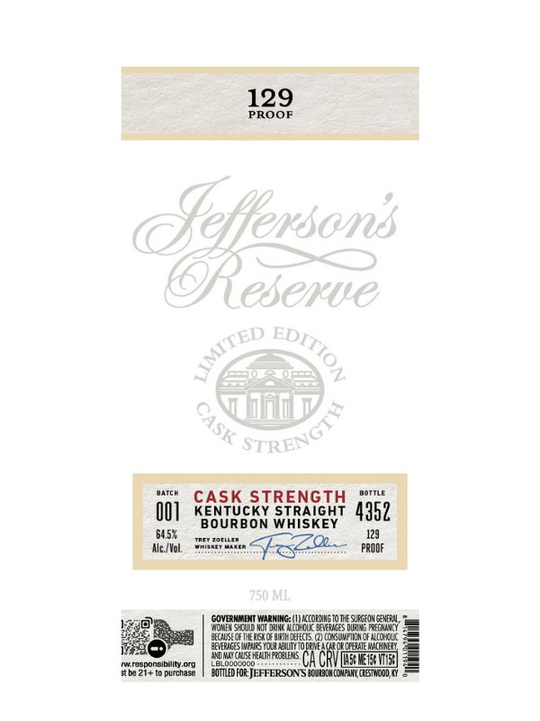 Jefferson's Reserve Limited Edition Cask Strength Kentucky Straight Bourbon Whiskey Bourbon Whiskey Jefferson's   