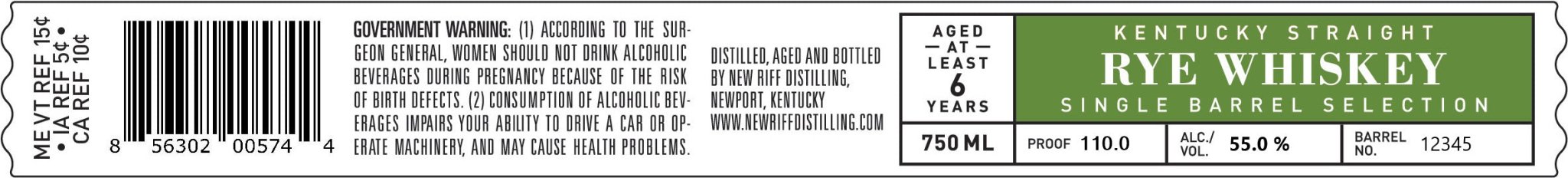 New Riff Kentucky Straight Rye Whiskey Single Barrel Selection, 6 Years Old, Barrel Proof Straight Rye Whiskey New Riff Distilling