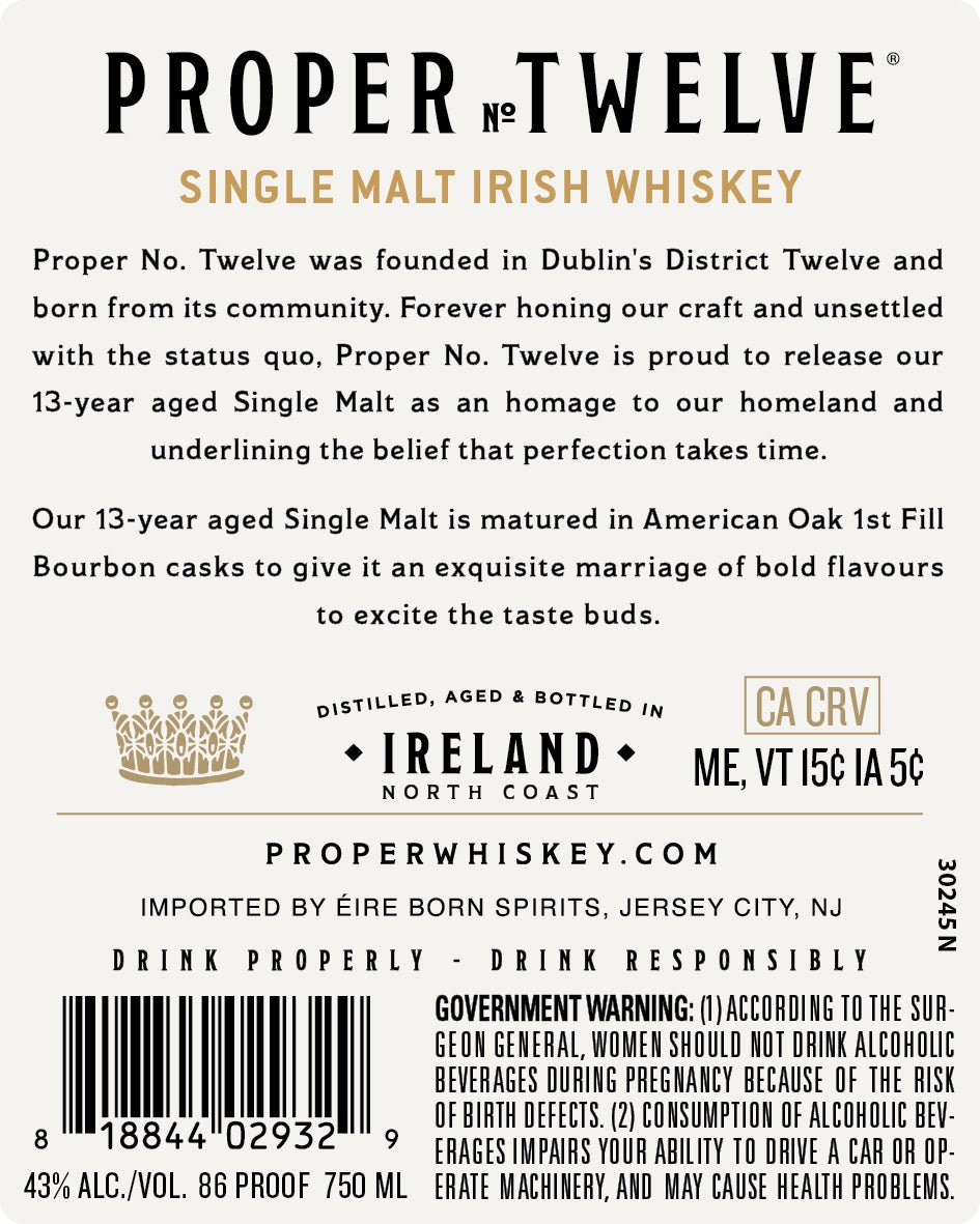 Proper No. Twelve 13 Year Old Single Malt Irish Whiskey Limited Release No. 01 Irish Whiskey PROPER TWELVE   