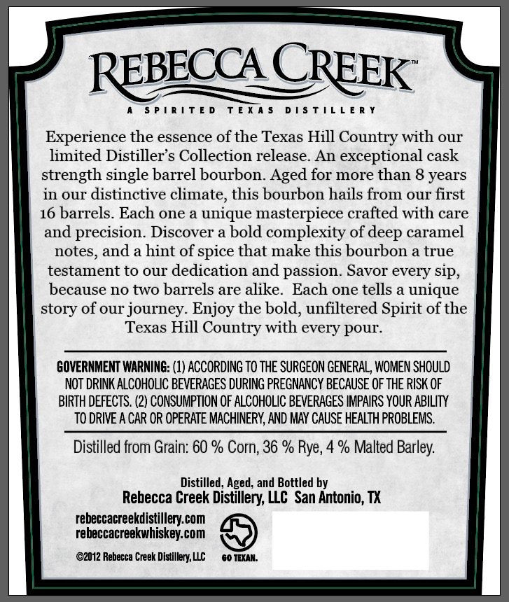 Rebecca Creek Distiller’s Collection Bourbon Whiskey Single Barrel Cask Strength Bourbon Whiskey Rebecca Creek Distiller’s   