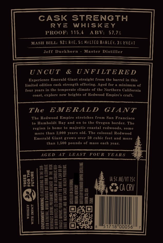 Redwood Empire Emerald Giant Cask Strength Rye Whiskey  Main Street Liquor   