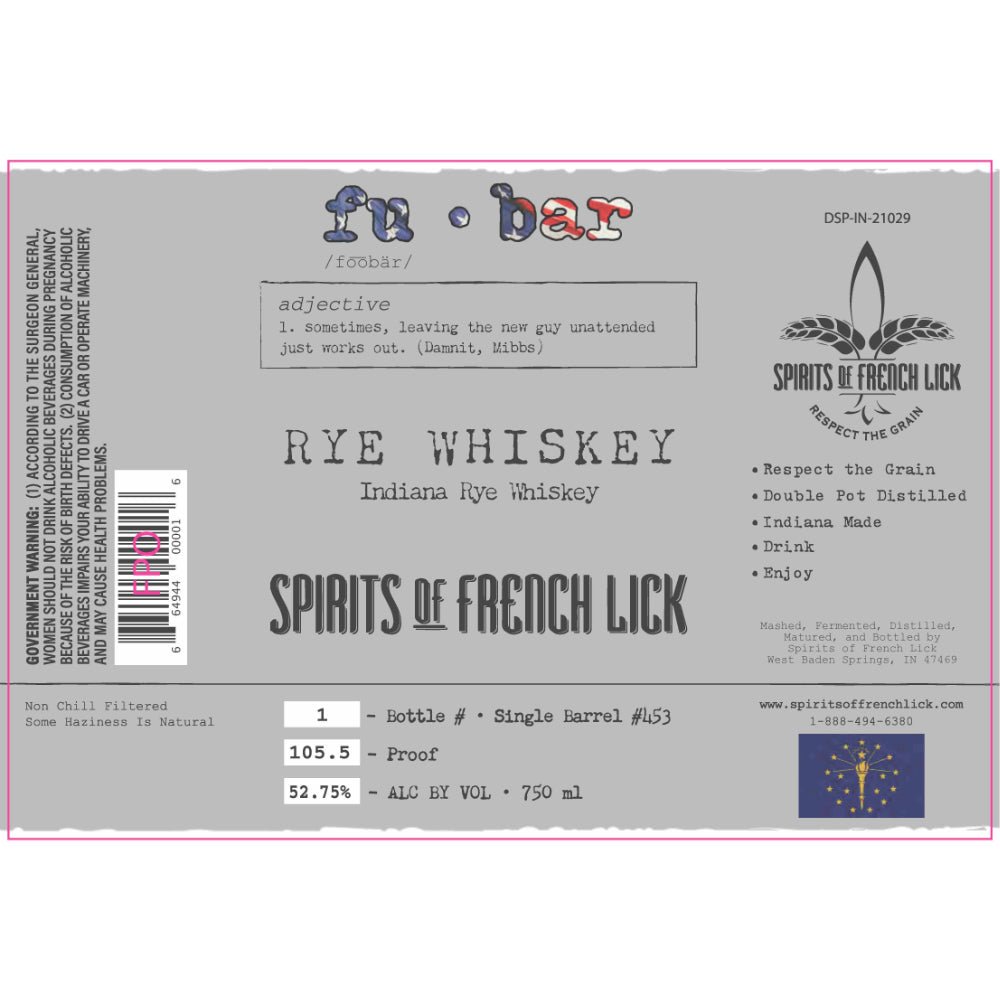 Spirits of French Lick Fu-Bar Indiana Rye Rye Whiskey Spirits of French Lick