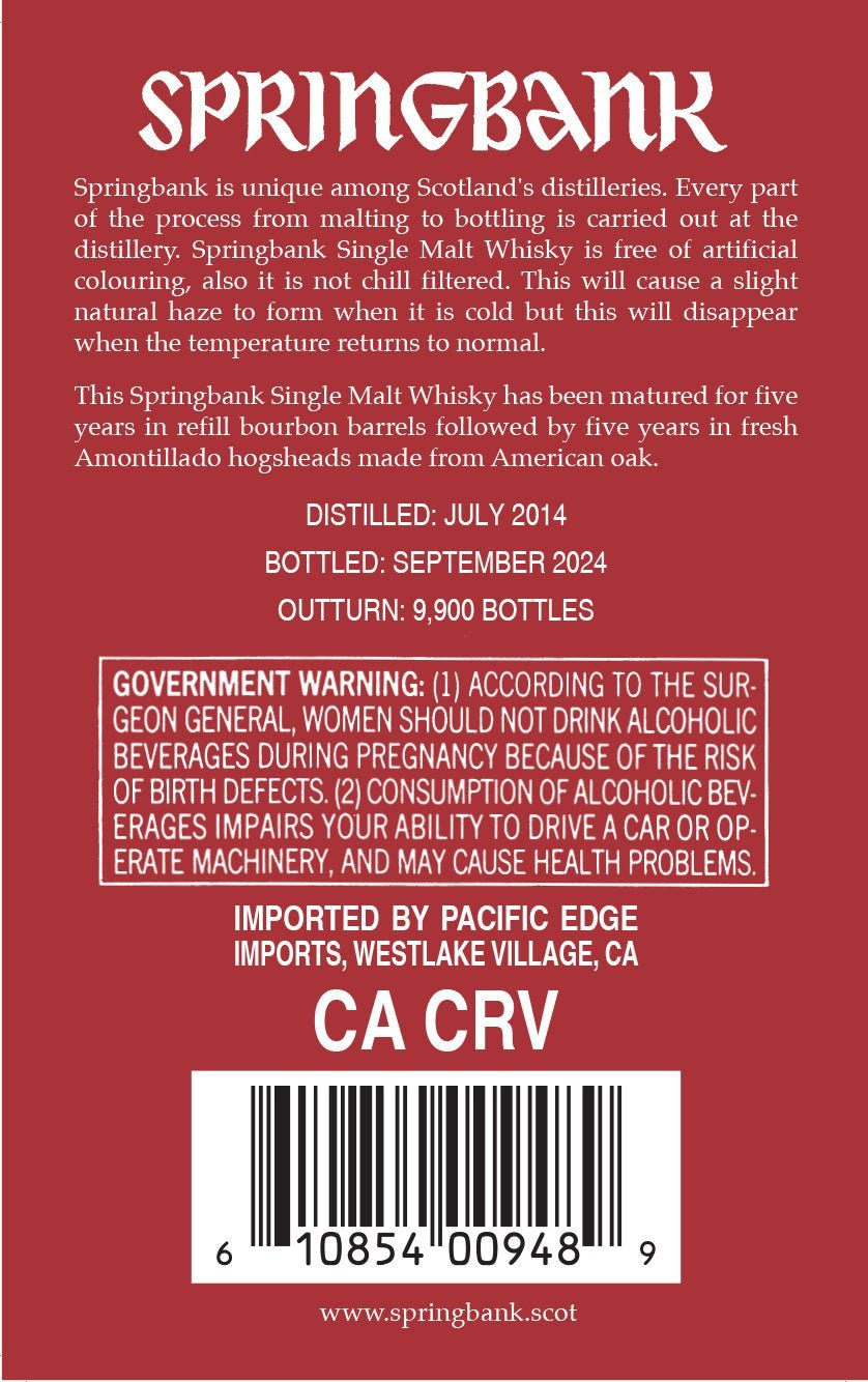 Springbank 10 Year Old Amontillado Cask Matured Campbeltown Single Malt Scotch Whisky 700ml Single Malt Scotch Whisky Springbank   
