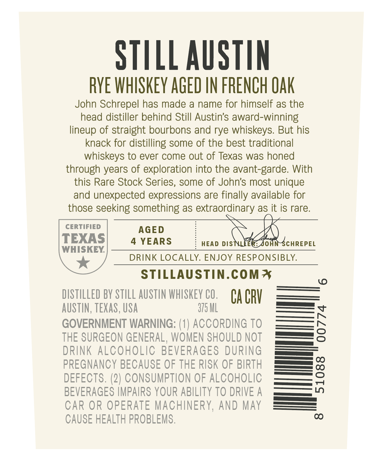 Still Austin Rare Stock Rye Whiskey Aged 4 Years in French Oak 375ml Rye Whiskey Still Austin Whiskey Co.   