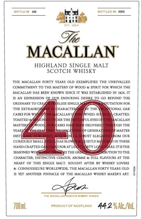 The Macallan 40-Year-Old Highland Single Malt Scotch Whisky 700ml Single Malt Scotch Whisky The Macallan