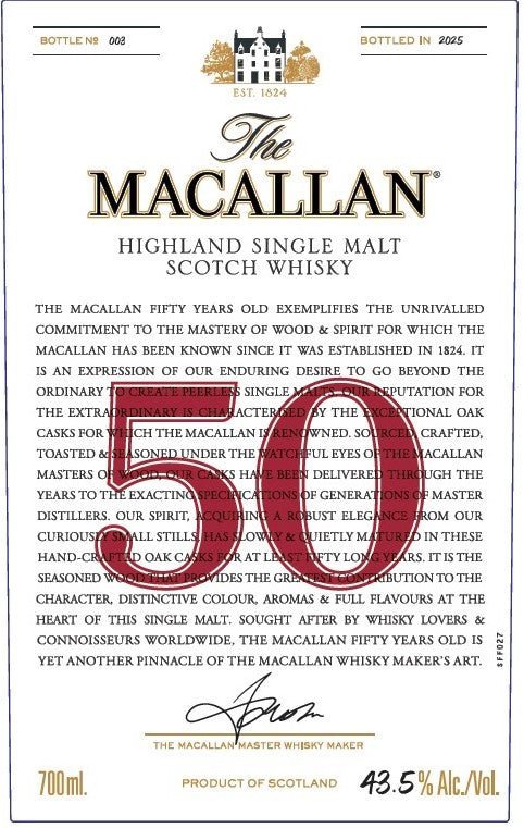 The Macallan 50 Year Old Highland Single Malt Scotch Whisky 700ml Single Malt Scotch Whisky The Macallan