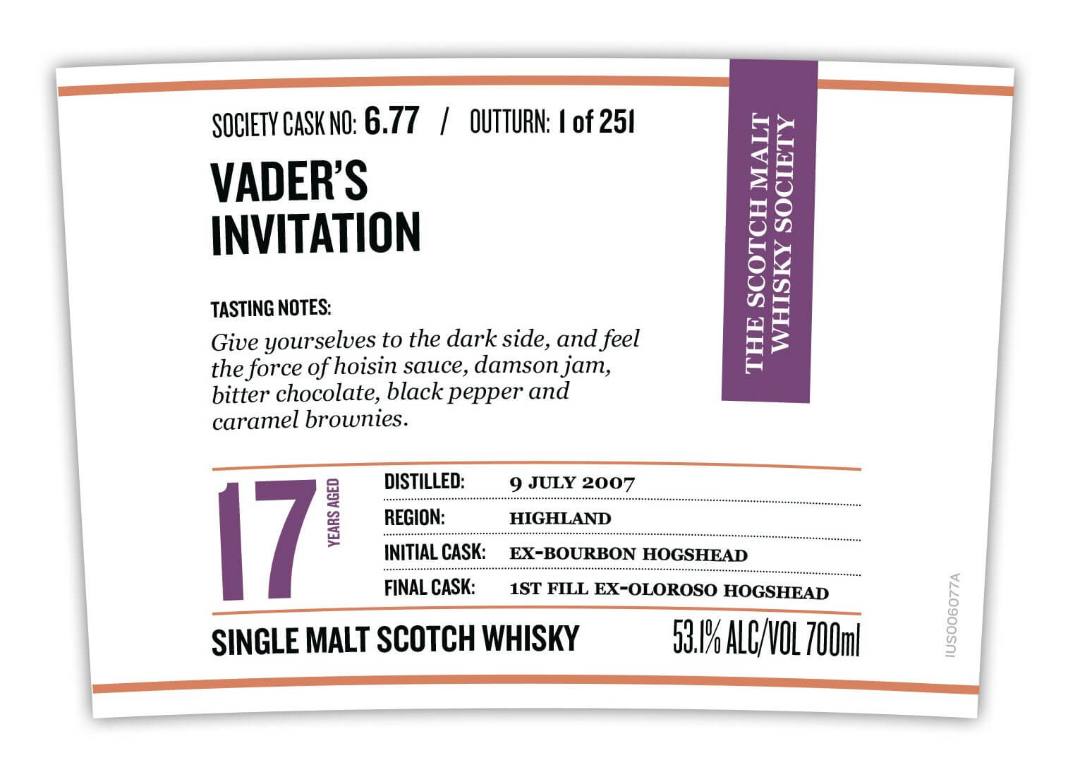 Vader’s Invitation 17 Year Old Single Malt Scotch Whisky Single Malt Scotch Whisky The Scotch Malt Whisky Society   